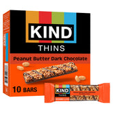 KIND THINS Peanut Butter Dark Chocolate Bars packaging highlights gluten-free, 100-calorie snack.