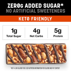 Close view of the bar wrap highlighting almonds, peanuts, and peanut butter core
