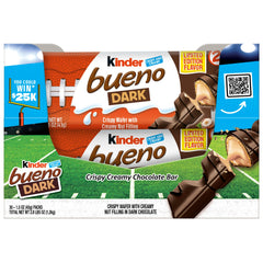 Kinder Bueno dark chocolate bar with wafer and hazelnut cream, ideal for sharing