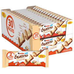 Kinder Bueno white chocolate bars bulk display for sharing at gatherings.