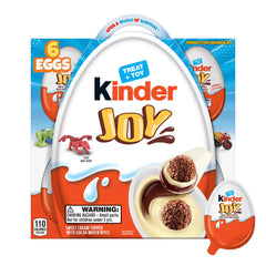 Kinder Joy eggs pack shot showing six wrapped eggs for gifting and sharing.