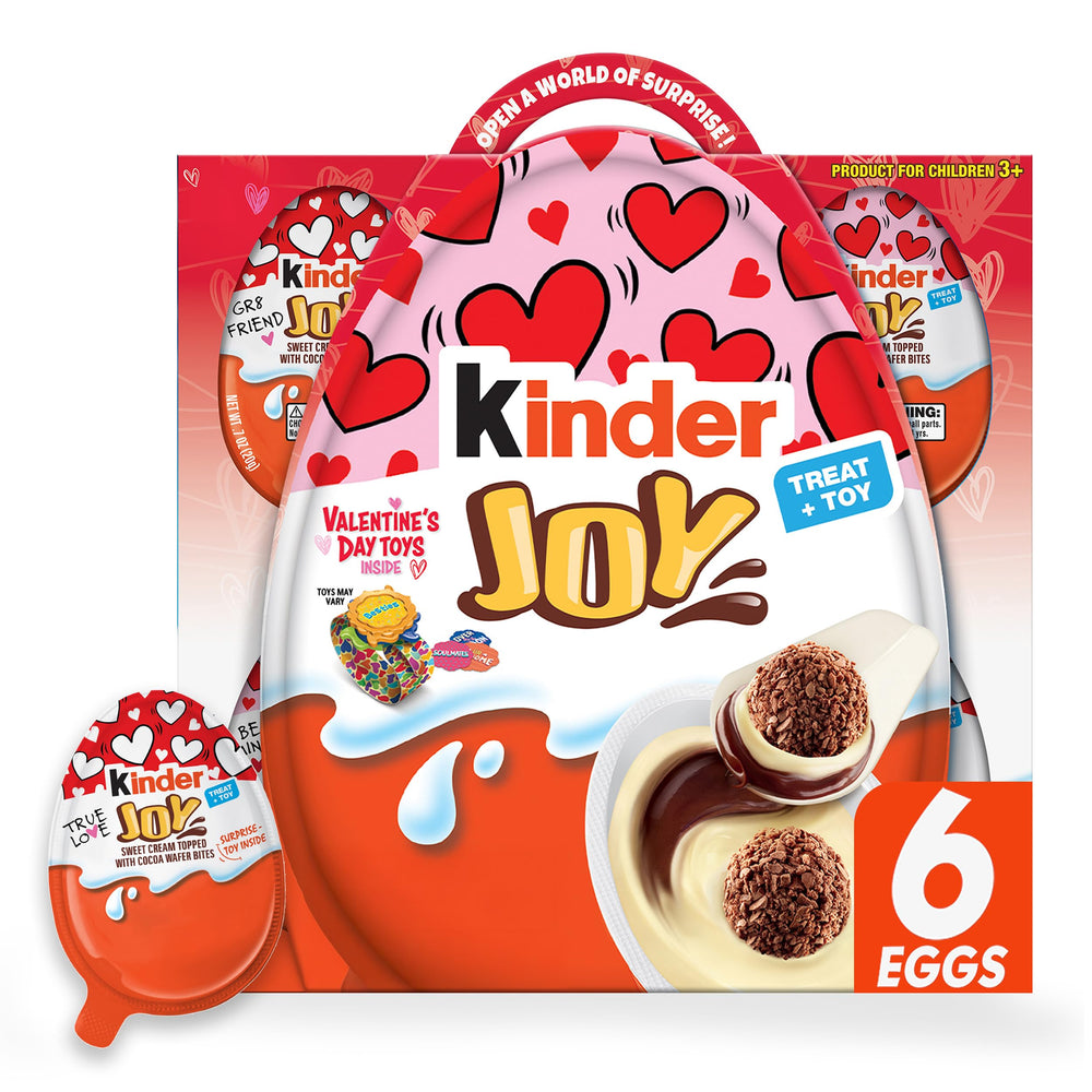 Kinder Joy valentines-egg with creamy milk and cocoa filling, ideal for a tasty treat.
