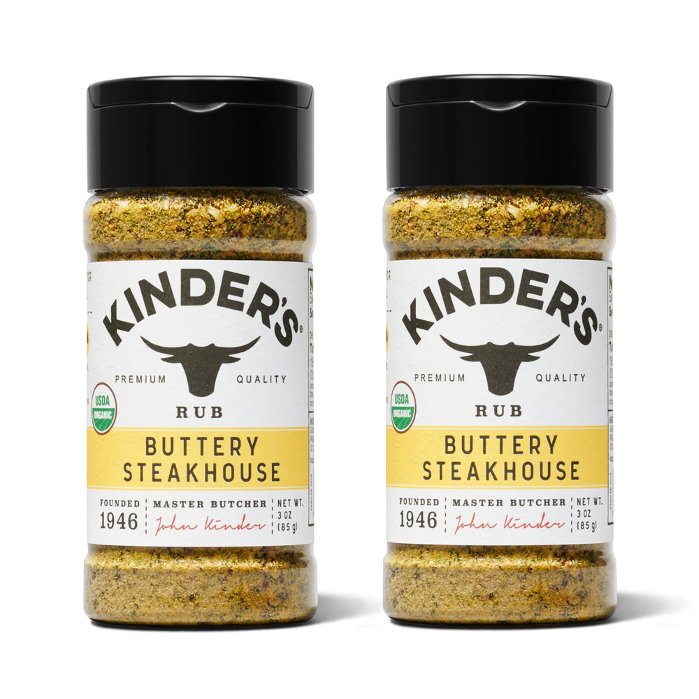 Kinder's Buttery Steakhouse Rub bottle on counter; perfect for grilling beef with a buttered finish