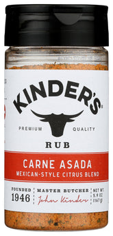 Kinder's Carne Asada Rub bottle showcases bold, versatile seasoning for grilled beef.