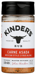 Kinder's Carne Asada Rub bottle showcases bold, versatile seasoning for grilled beef.