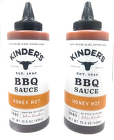 Kinders Honey Hot BBQ Marinade bottle pour adds sweet heat to grilled meats.