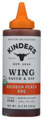 Kinders Organic Bourbon Peach BBQ Wing Sauce bottle with glossy glaze for wings