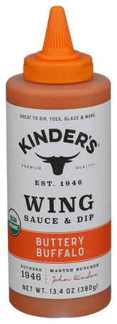 KINDER'S Organic Buttery Buffalo Wing Sauce bottle for wings and dipping with smooth heat.