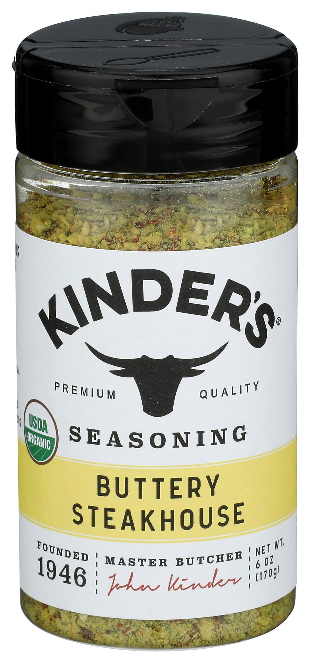 KINDER'S Organic Buttery Steakhouse Seasoning jar front view for rich steak flavor