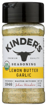 KINDER'S Organic Lemon Butter Garlic Seasoning jar on counter adds bright, versatile flavor to weeknight meals.