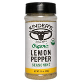 Kinder's Organic Lemon Pepper Seasoning bottle front with vibrant citrus aroma for poultry