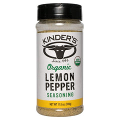 Kinder's Organic Lemon Pepper Seasoning bottle front with vibrant citrus aroma for poultry