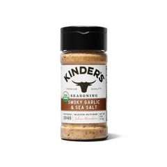 Kinder's Organic Smoky Garlic & Sea Salt bottle pour adds smoky aroma to meals.