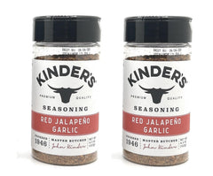 Kinder's Red Jalapeño Garlic bottle pour demonstrates easy shaker seasoning for quick flavor boosts.