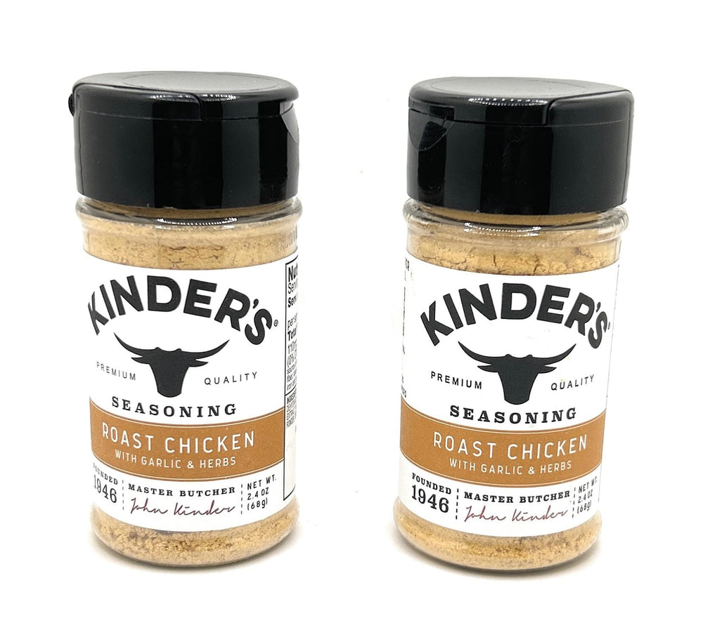 Kinder's Roast Chicken seasoning bottle pour enhances quick poultry roasts.