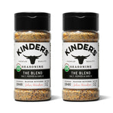 Kinder's The Blend jar with sea salt, pepper, and garlic for versatile seasoning.