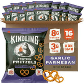 Kindling Protein Pretzels Garlic-Parmesan bag shows on-the-go protein for busy days.