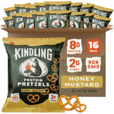 Kindling Protein Pretzels Honey Mustard bag closeup showing protein-packed crunch for on-the-go snacking.