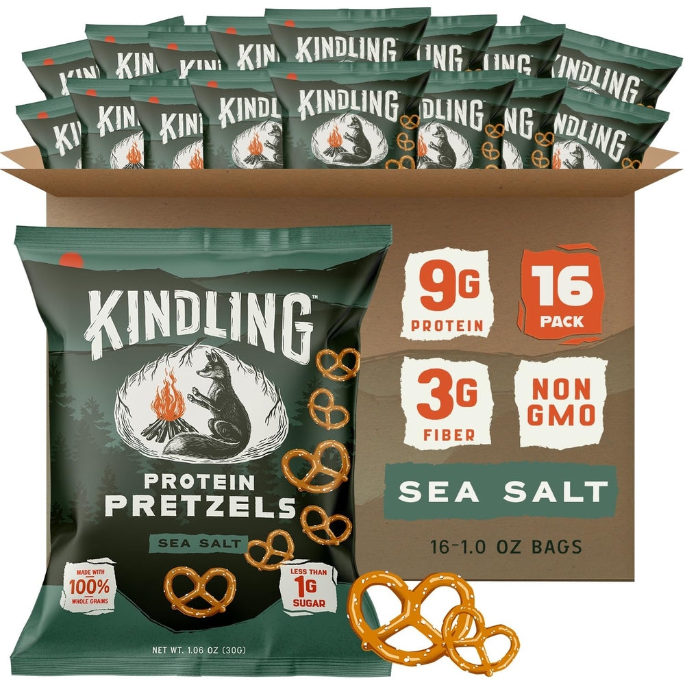 Kindling Protein Pretzels Sea Salt 16-pack front view showing protein-packed crunch for on-the-go