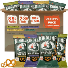 Kindling Protein Pretzels Sea Salt bag, a protein-packed crunch for on-the-go snacking.