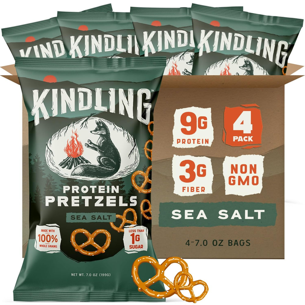 Kindling Protein Pretzels Sea Salt front view, protein-packed on-the-go snack.