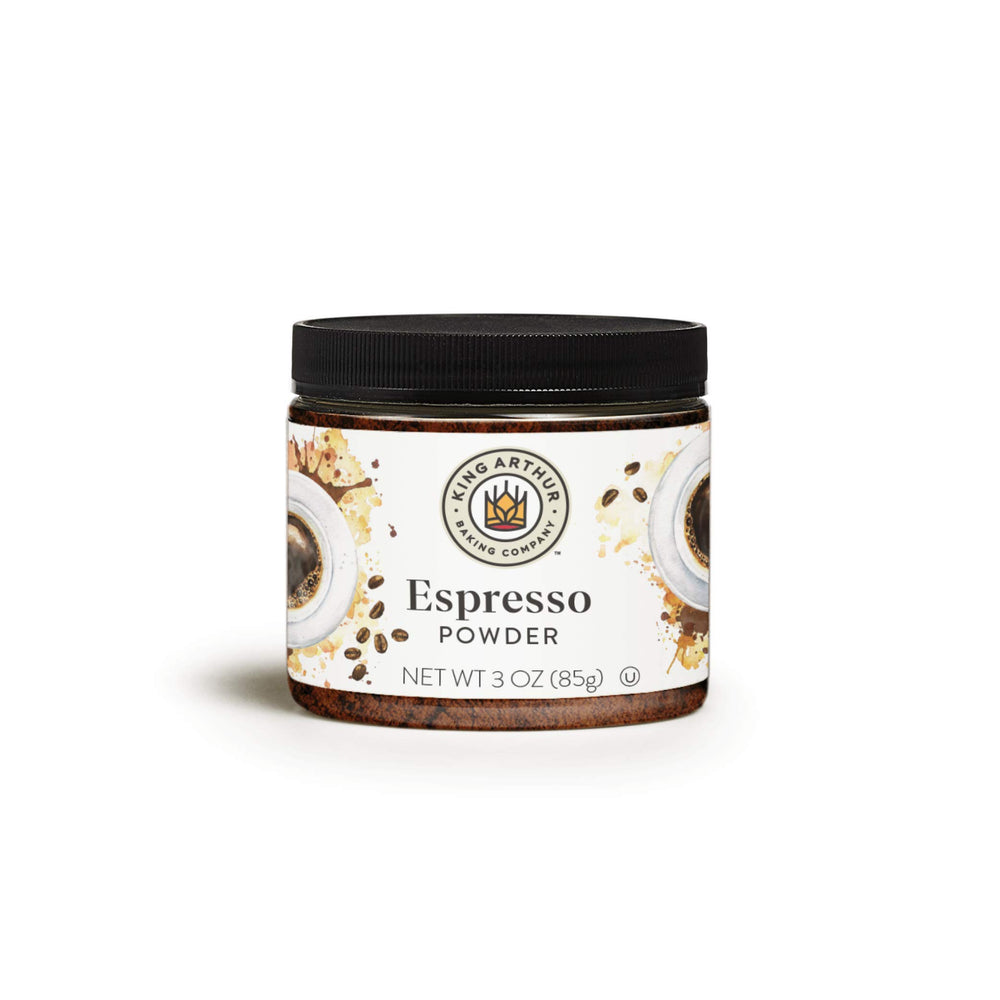 King Arthur espresso powder jar on shelf boosts chocolate flavor in desserts.