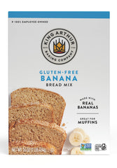 King Arthur gluten-free banana bread mix packaging highlights gluten-free and kosher certifications.