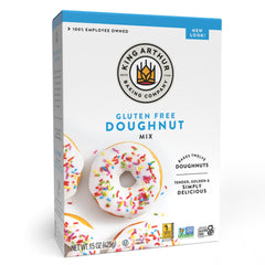 King Arthur gluten-free doughnut mix box shown on a kitchen counter for easy home baking.