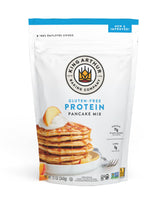 King Arthur gluten-free protein pancake mix being poured for a quick breakfast