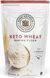 King Arthur Keto Wheat Flour Blend bag front shows 1:1 substitute for bread and pizza crust.