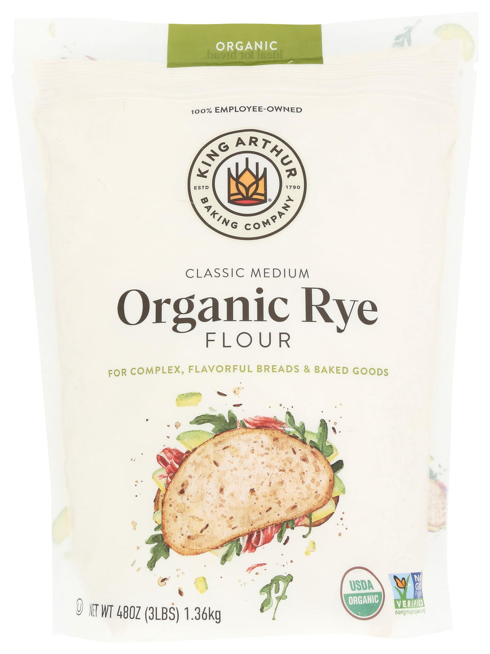 King Arthur Organic Medium Rye Flour bag ready for hearty rye bread baking.