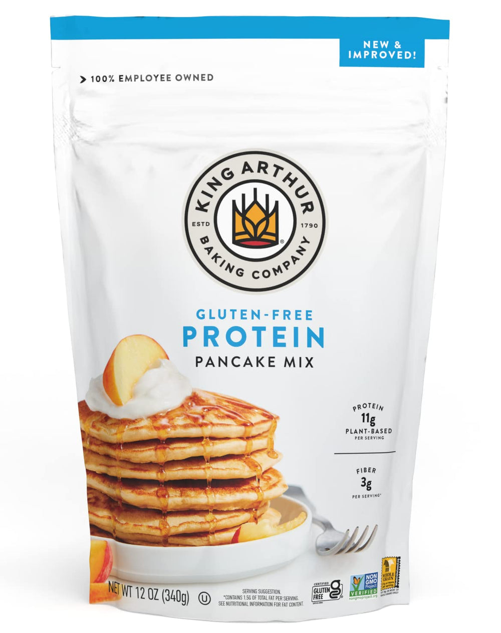 King Arthur Protein Pancake Mix box front highlights gluten-free ingredients for a balanced breakfast.