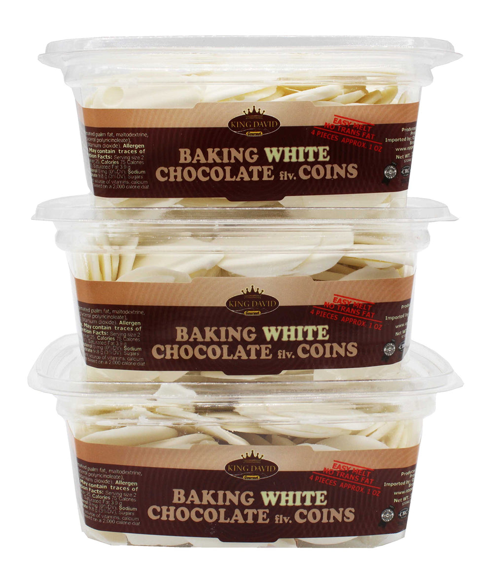 King David Easy Melt White Chocolate Coins close-up in jar, convenient for quick baking.