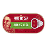 King Oscar anchovies in olive oil can, 2oz, premium flavor.