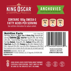 King Oscar anchovies in olive oil sealed tin label showing ingredients.