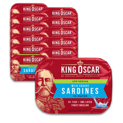 King Oscar brisling sardines in water close-up shows premium texture and protein-ready snack