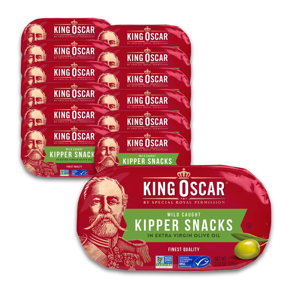 King Oscar kipper snacks in olive oil, boneless fillets for quick, healthy snacking.