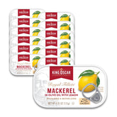 King Oscar mackerel in olive oil with lemon can on a bright kitchen counter, ideal pantry staple.