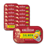 King Oscar Premium Salmon in olive oil with lemon, protein-packed for quick meals.