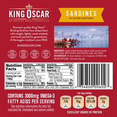 King Oscar Dijon sardines ingredients label highlights simple, gluten-free nutrition.