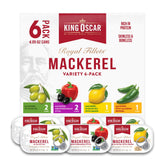 King Oscar Skinless & Boneless Mackerel pack-shot with six cans, ideal pantry staple.