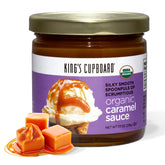 King's Cupboard Organic Caramel Sauce jar, rich and all-natural, ideal for topping desserts.