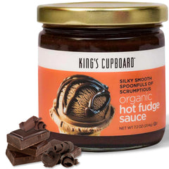 King's Cupboard Organic Hot Fudge Sauce jar close-up for rich dessert topping
