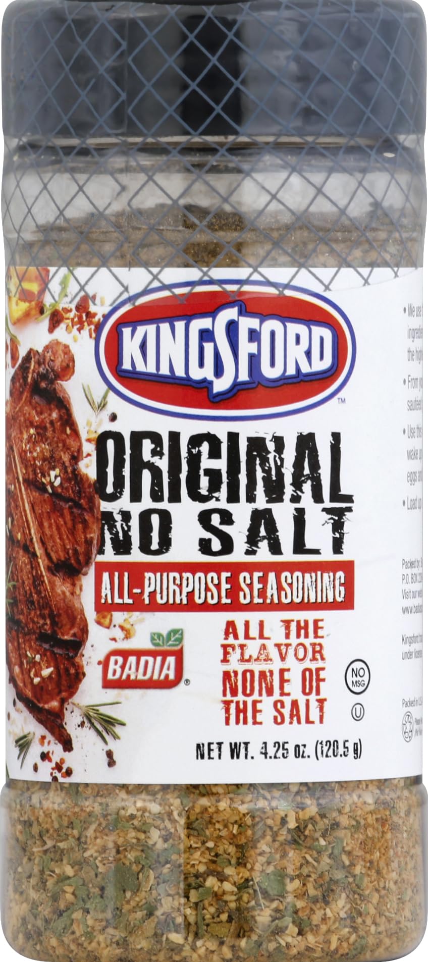 Kingsford Original No Salt Seasoning bottle pour enhances meats and veggies with bold flavor without sodium