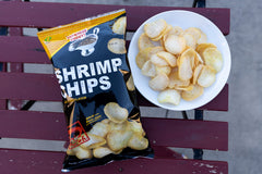 KINJIRUSHI curry shrimp chips ingredients panel closeup highlighting Japanese curry flavor.