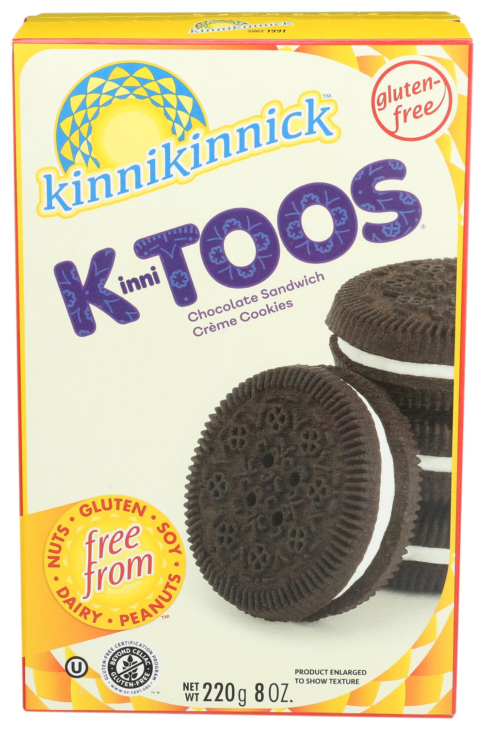 Kinnikinnick KinniTOOS box of gluten-free chocolate sandwich cookies, vegan snack option