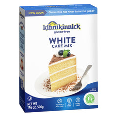 Kinnikinnick White Cake Mix box front, dairy-free and gluten-free option for celebrations.