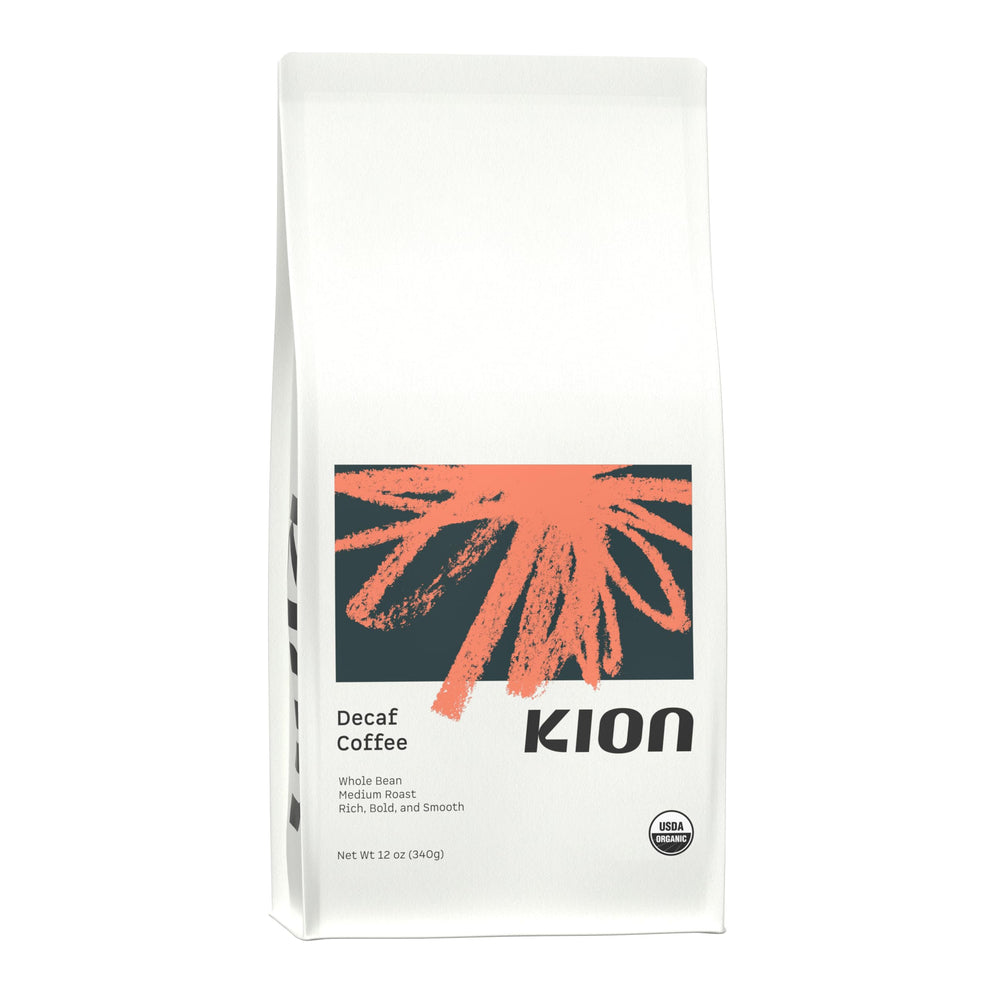 Kion Organic Decaf packshot shows premium organic beans with ethical sourcing.
