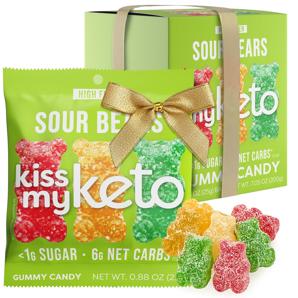 Kiss My Keto Sour Sugar Free Gummy Bears bag highlights keto friendly packaging
