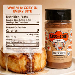 Kiss the Chef Baker’s Kiss Spice Blend label closeup with cinnamon and nutmeg